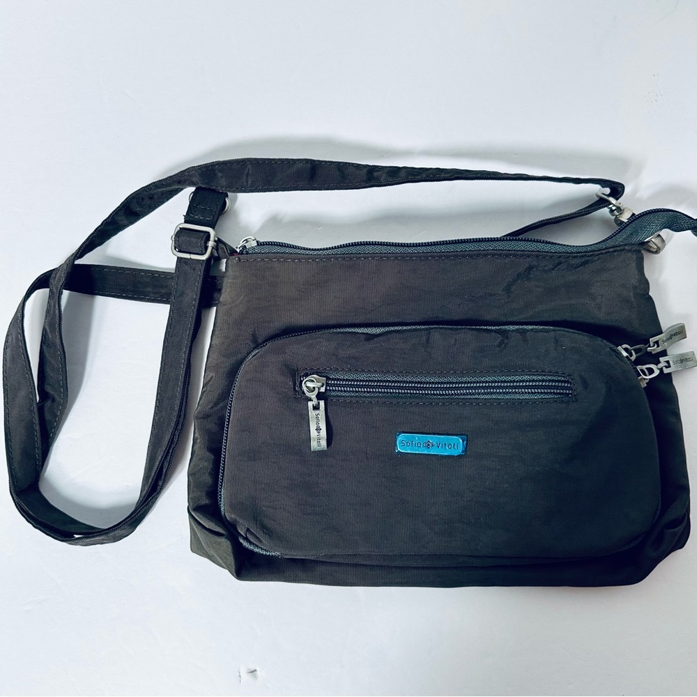 Sofia Vitali Multi Pocket Crossbody Bag Adjustable Strap Dark Grey VGC 10” x 7”